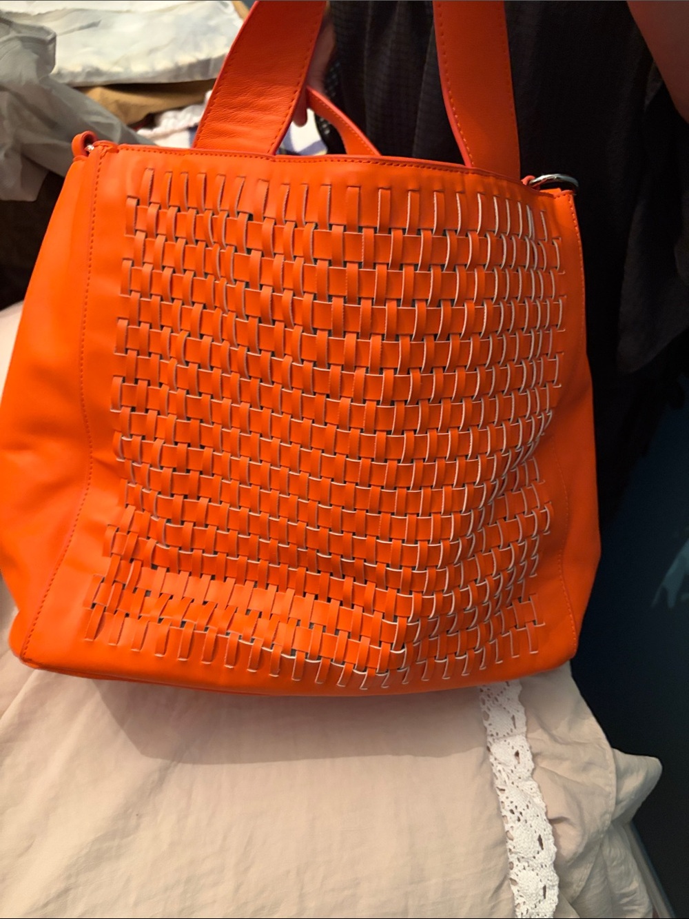 Vince Camuto Orange Woven Leather Tote